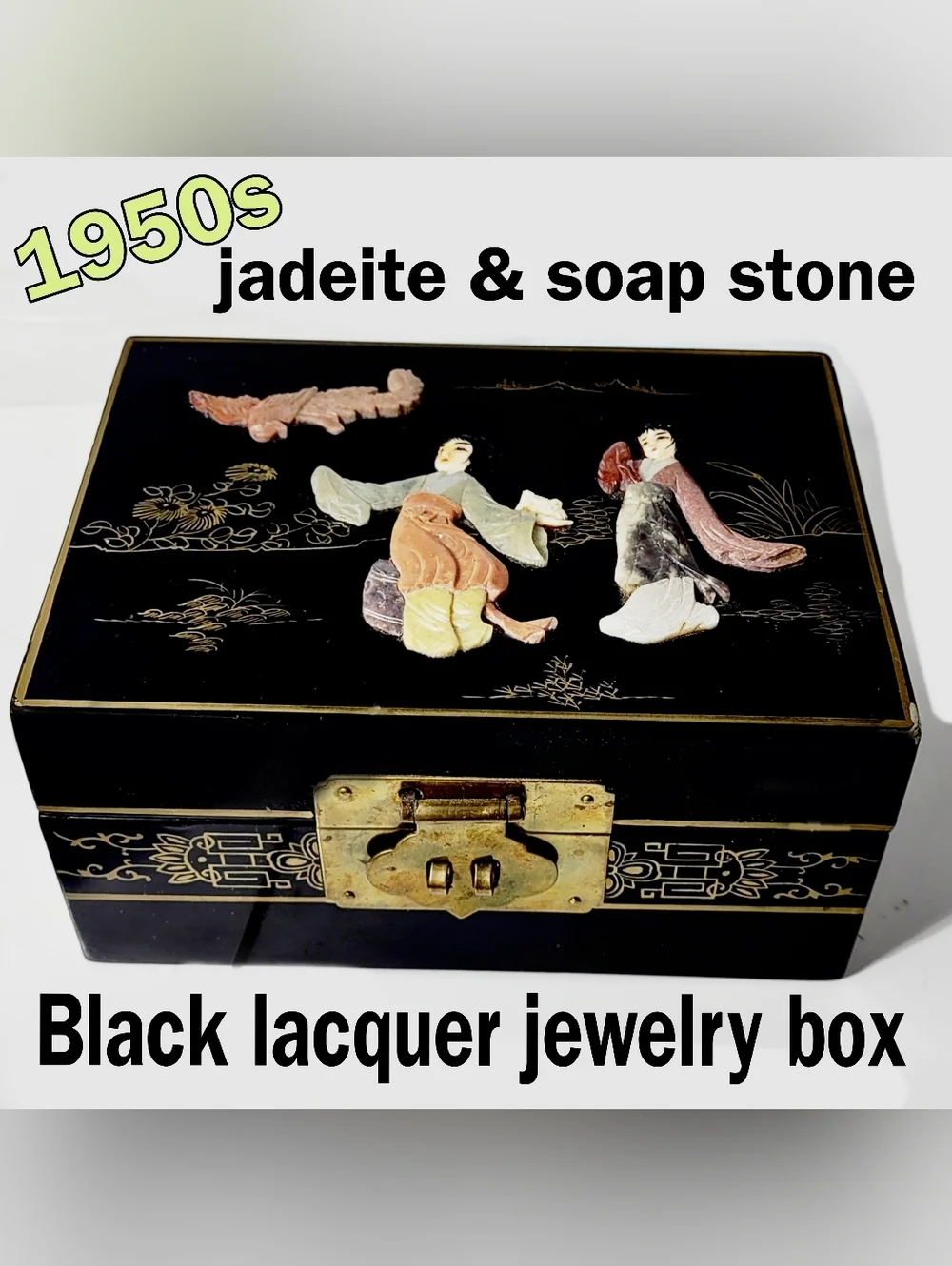 Vintage Black Lacquer Jadeite & Inlay Jewelry Box W/ Brass & Silk